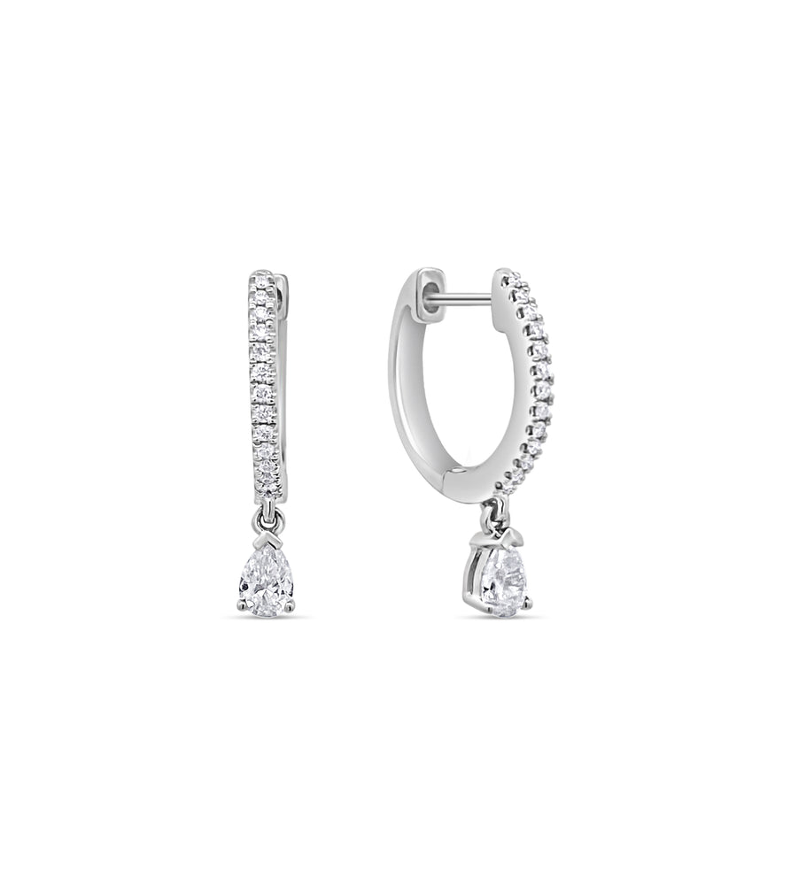 Diamond Pear Dangle Huggie Earring - 14K White Gold - OLIVE & CHAIN Fine Jewelry