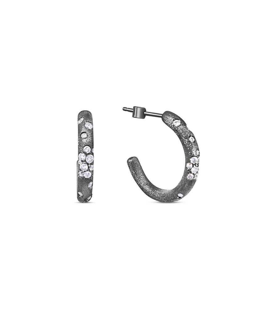 Diamond Celestial J Hoop Earrings - 14K Black Gold / 17mm - Olive & Chain Fine Jewelry