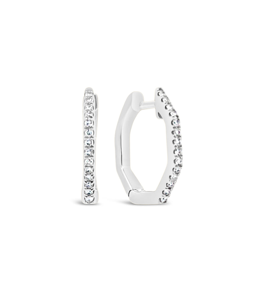 Diamond Hexagon Huggie Earrings - 14K White Gold - Olive & Chain Fine Jewelry