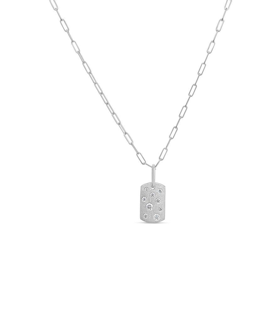 Diamond Scatter Dog Tag Necklace - 14K White Gold - Olive & Chain Fine Jewelry