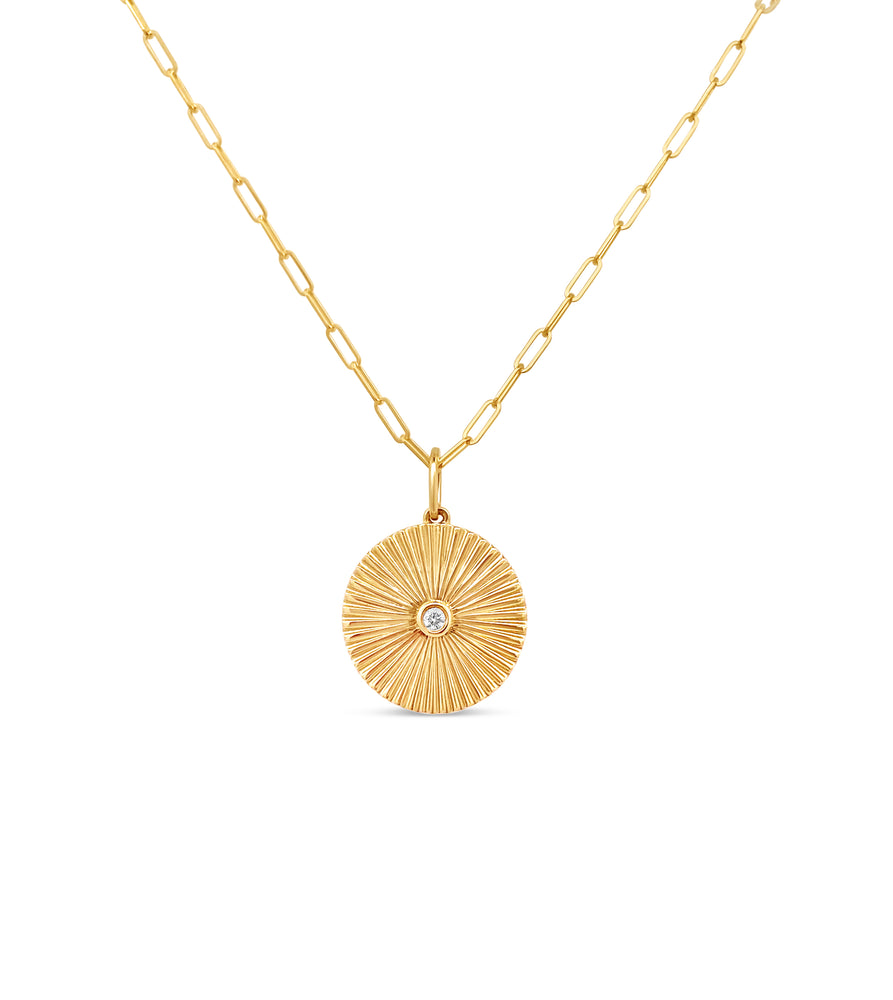 Diamond Fluted Medallion Necklace - 14K  - Olive & Chain Fine Jewelry