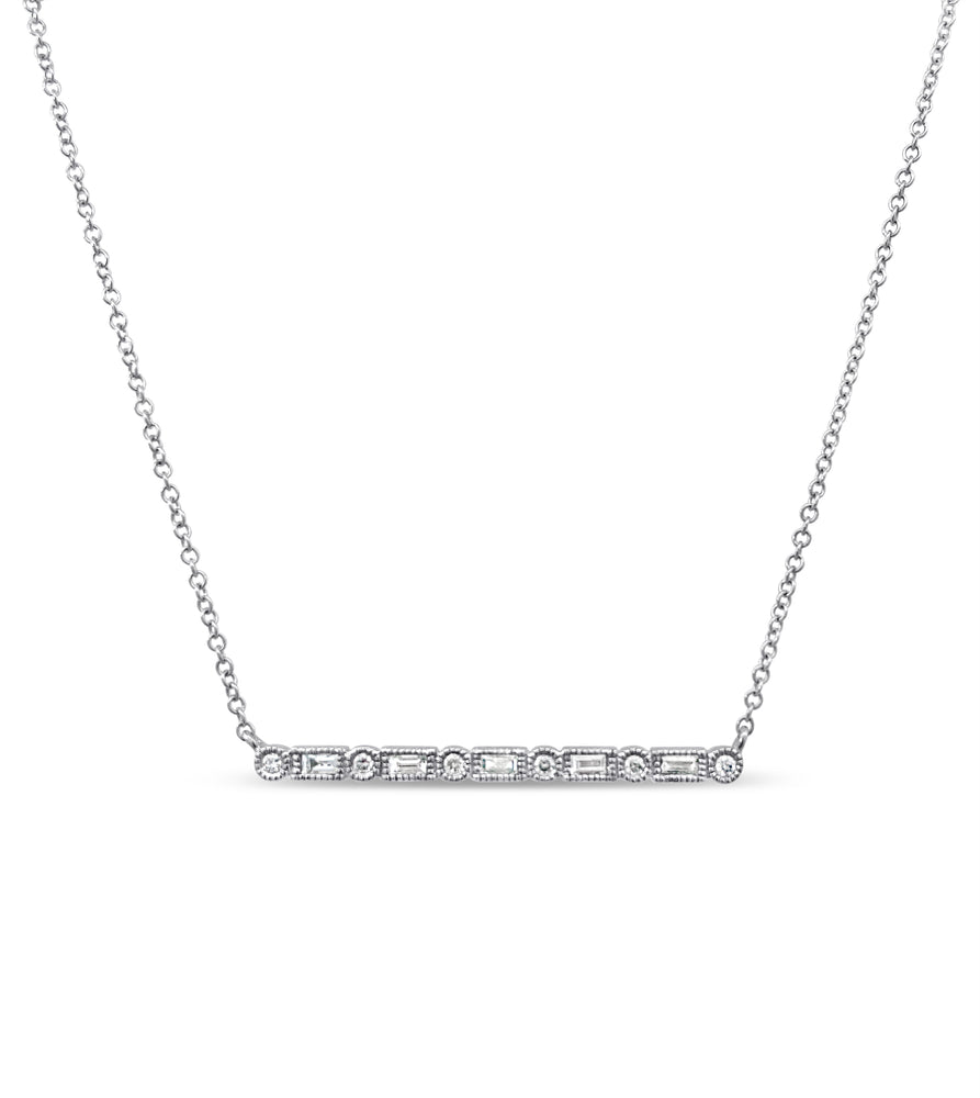 Diamond Baguette & Round Bar Necklace - 14K White Gold - Olive & Chain Fine Jewelry