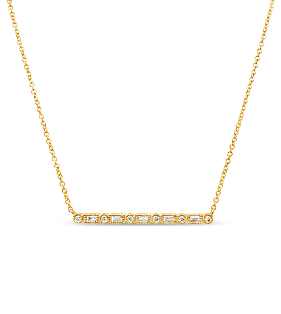Diamond Baguette & Round Bar Necklace - 14K Yellow Gold - OLIVE & CHAIN Fine Jewelry