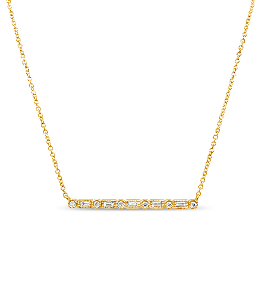 Diamond Baguette & Round Bar Necklace - 14K Yellow Gold - Olive & Chain Fine Jewelry