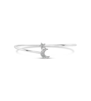 Diamond Star & Moon Flexible Bangle - 14K White Gold - Olive & Chain Fine Jewelry