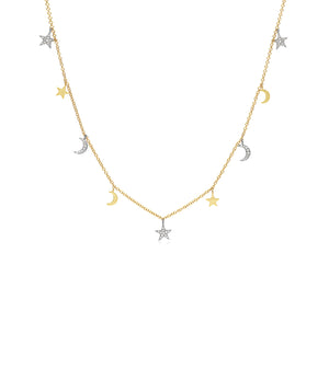 Diamond Star-Moon Charm Long Necklace - 14K Two-Tone Gold - OLIVE & CHAIN Fine Jewelry