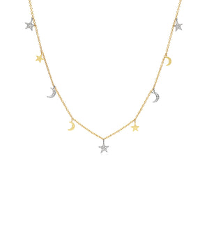 Diamond Star-Moon Charm Long Necklace - 14K Two-Tone Gold - Olive & Chain Fine Jewelry