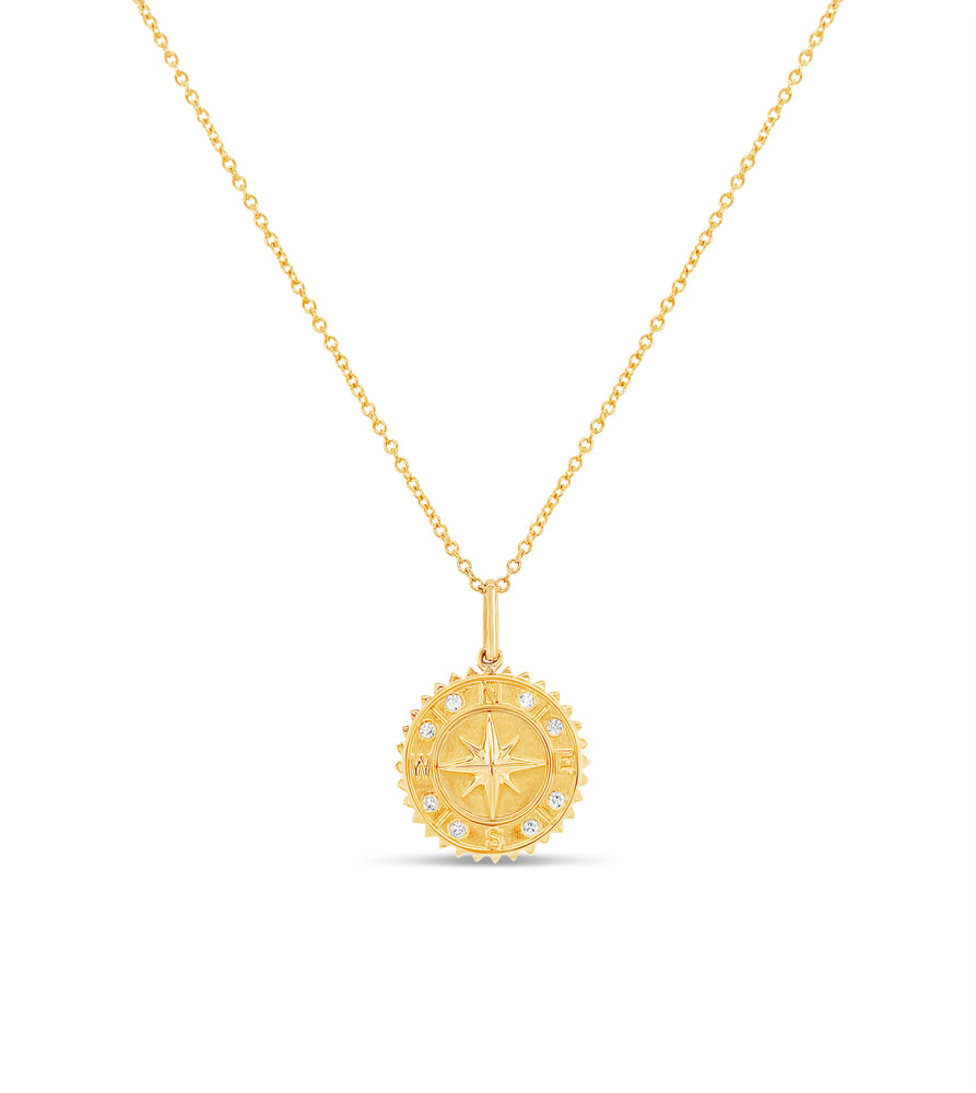 Diamond Compass Medallion Disc Necklace - 14K - OLIVE & CHAIN Fine Jewelry