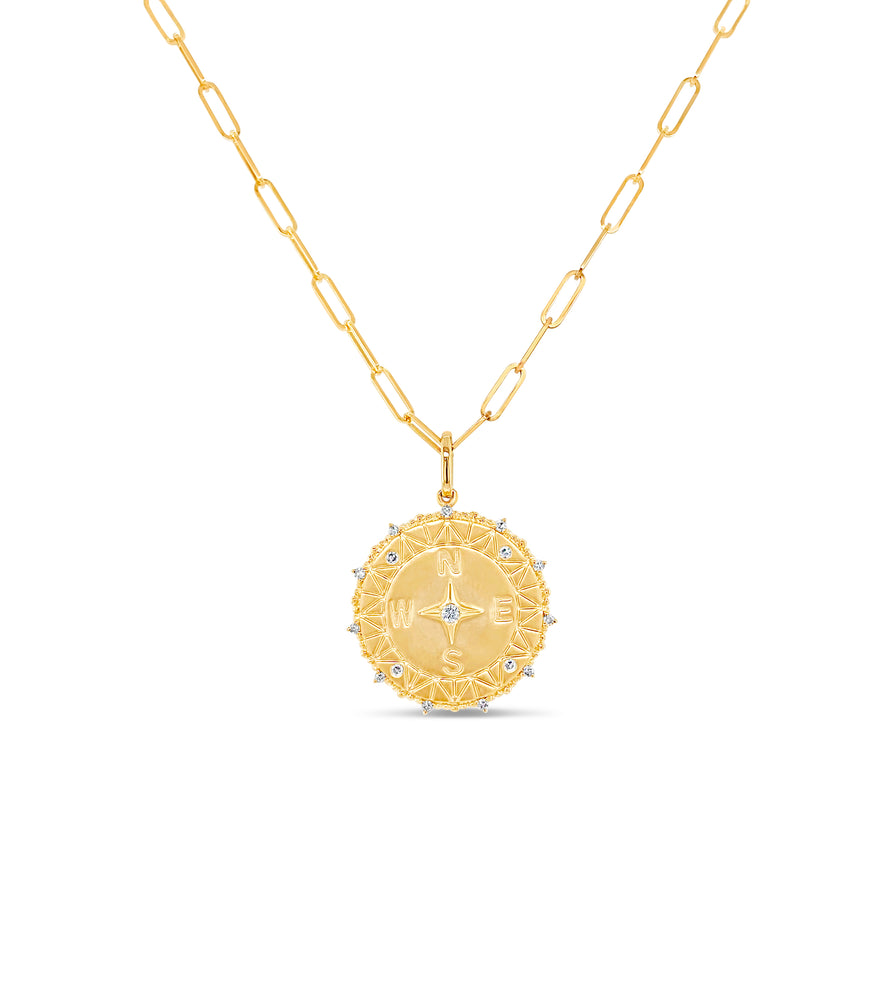 Diamond Compass Medallion Disc Necklace - 14K - OLIVE & CHAIN Fine Jewelry