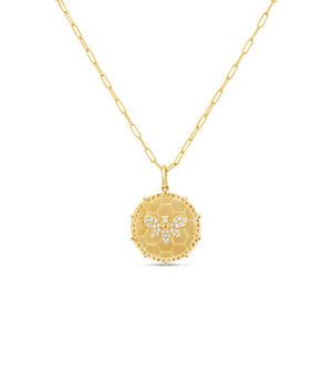 Diamond Bumble Bee Medallion Disc Necklace - 14K Yellow Gold - Olive & Chain Fine Jewelry