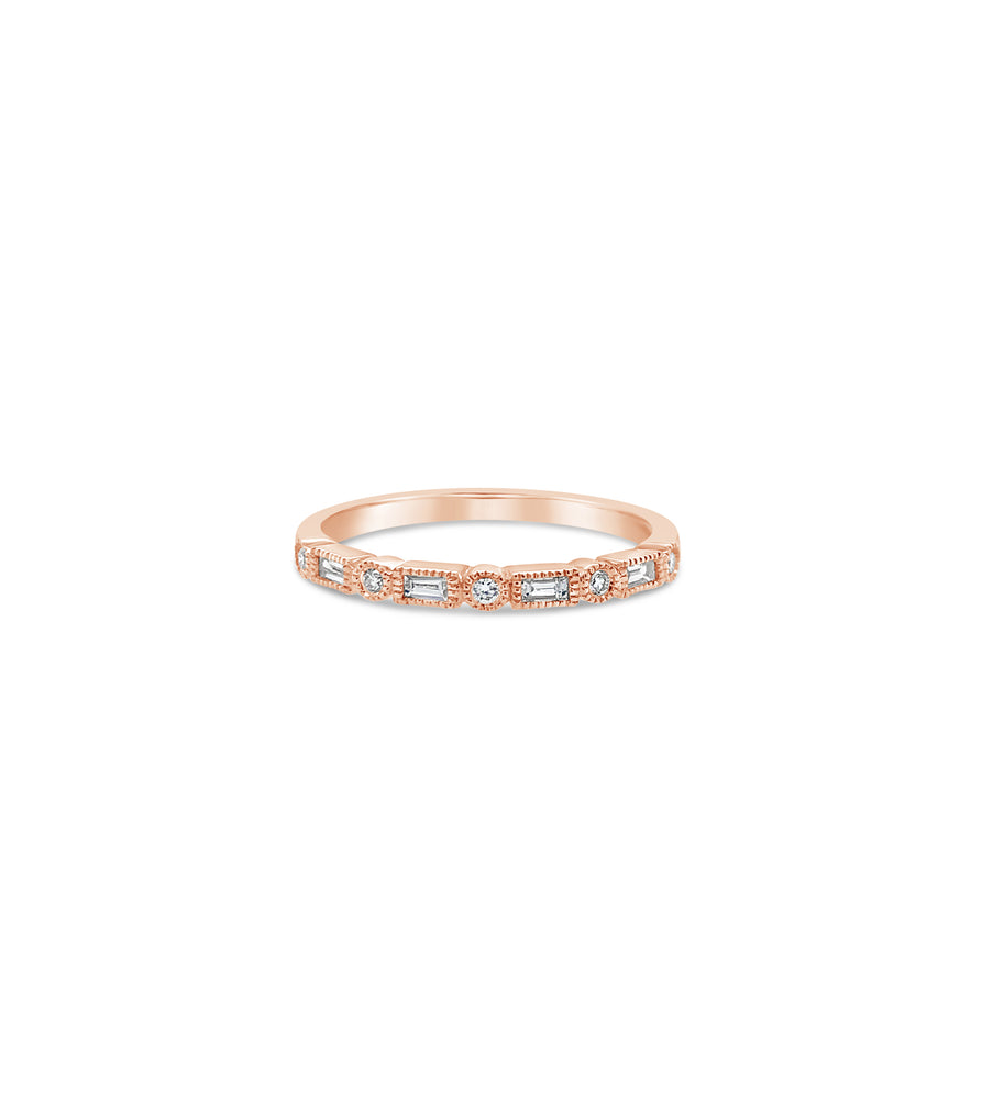 Diamond Baguette & Round Bezel Band - 14K Rose Gold / 5 - Olive & Chain Fine Jewelry