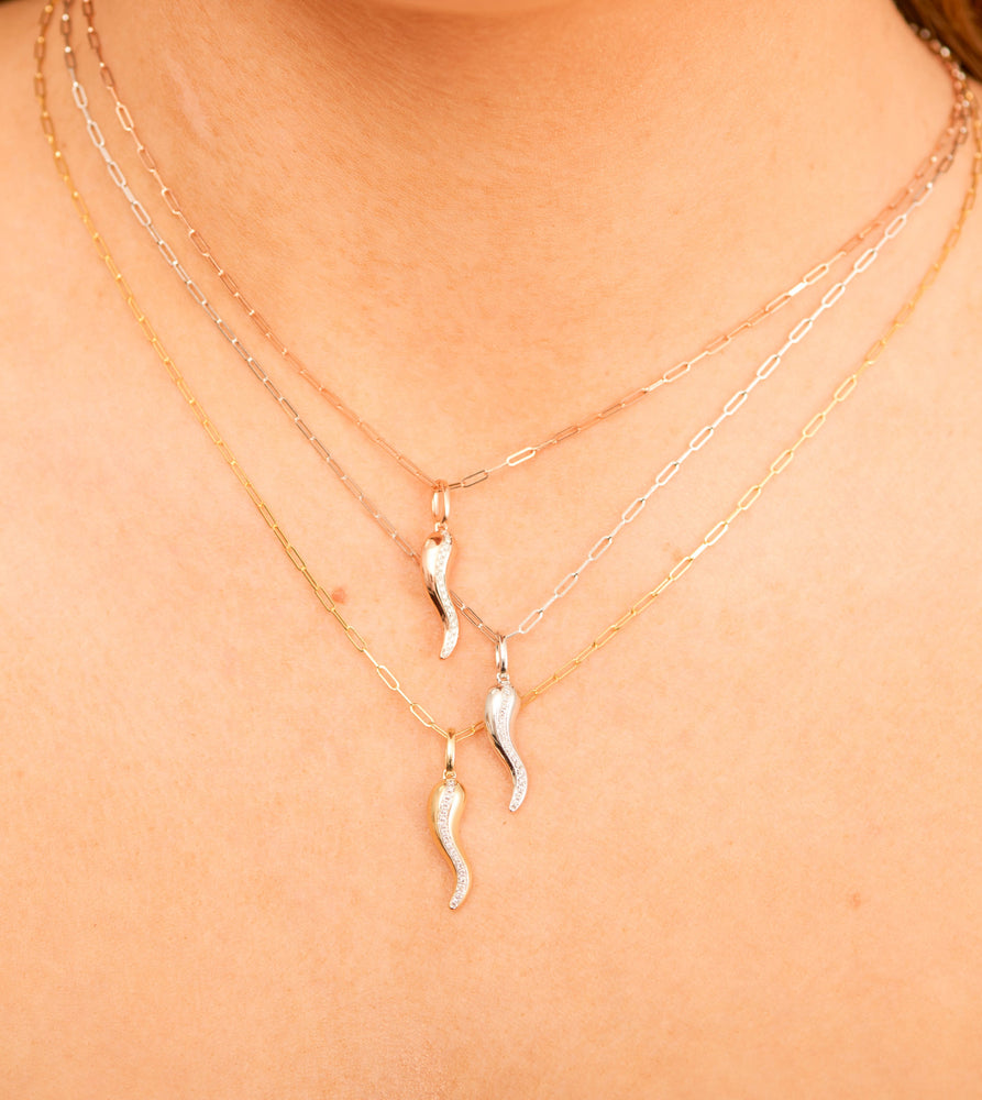 Diamond Line Italian Horn Cornicello Necklace - 14K - OLIVE & CHAIN Fine Jewelry