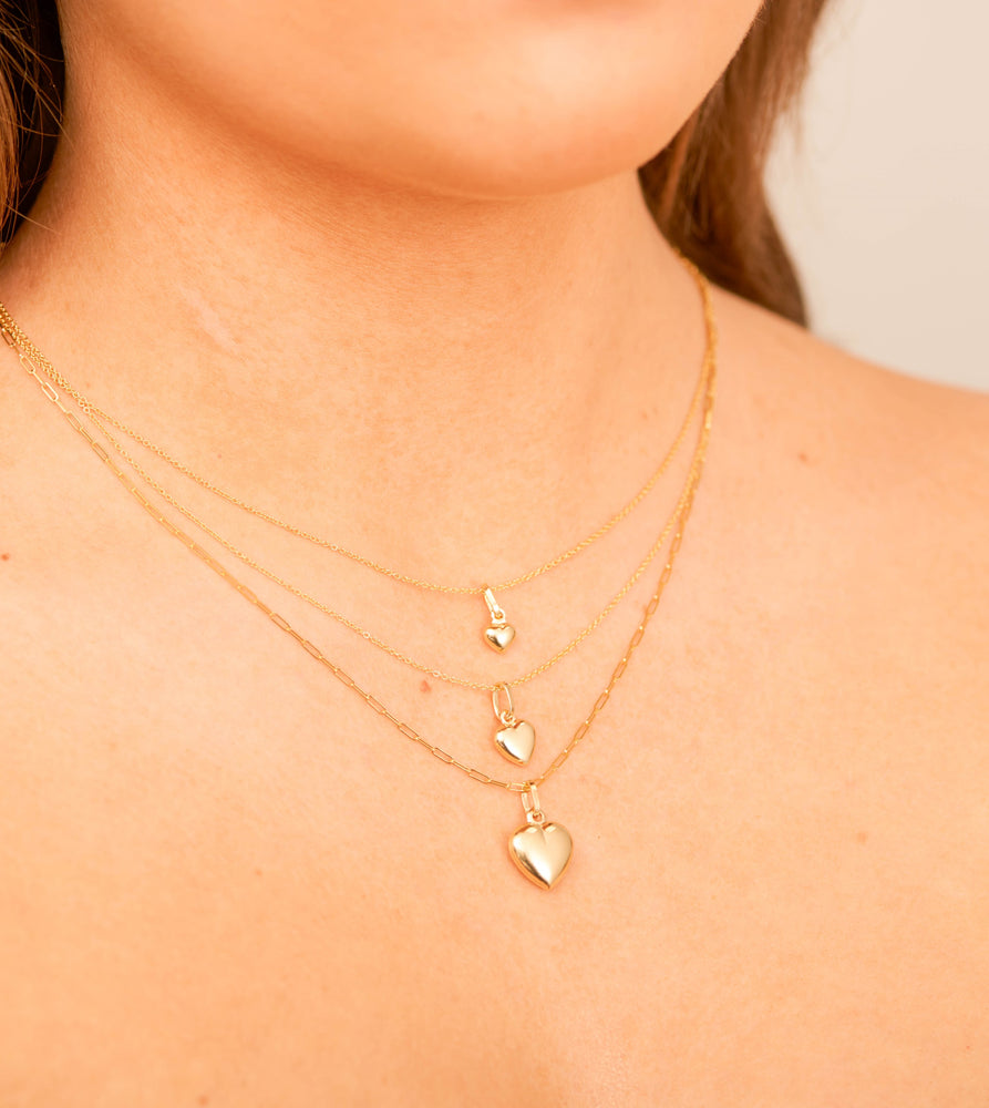 14k Gold Puffed Heart Charm Necklace - 14K  - Olive & Chain Fine Jewelry