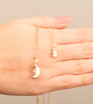 14k Gold Moon Face Charm Necklace - 14K  - Olive & Chain Fine Jewelry