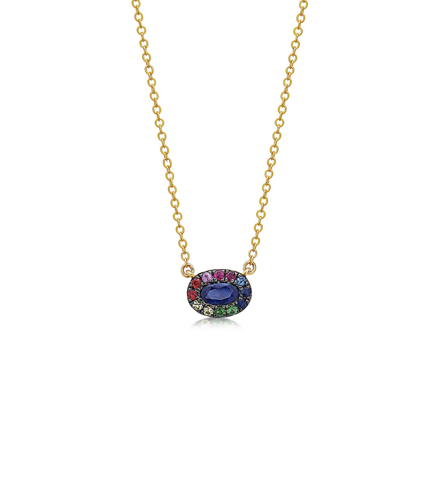 Sapphire and Rainbow Halo Necklace - 14K Yellow Gold - Olive & Chain Fine Jewelry