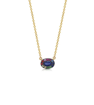 Sapphire and Rainbow Halo Necklace - 14K Yellow Gold - Olive & Chain Fine Jewelry