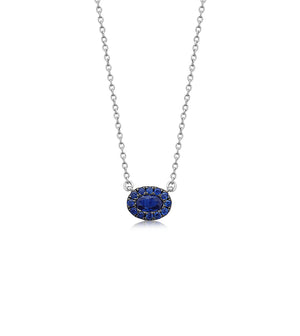 Sapphire Oval Halo Necklace - 14K White Gold - Olive & Chain Fine Jewelry