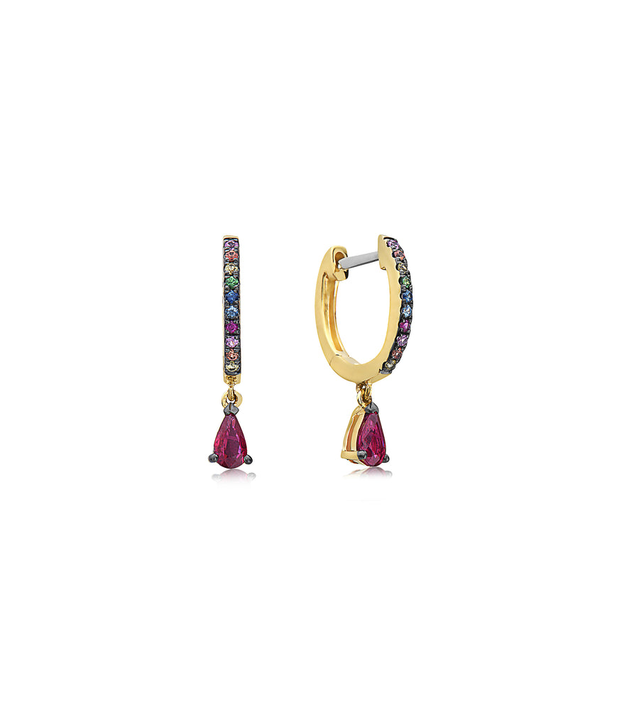 Rainbow Huggie and Ruby Dangle Earring - 14K Yellow Gold - Olive & Chain Fine Jewelry