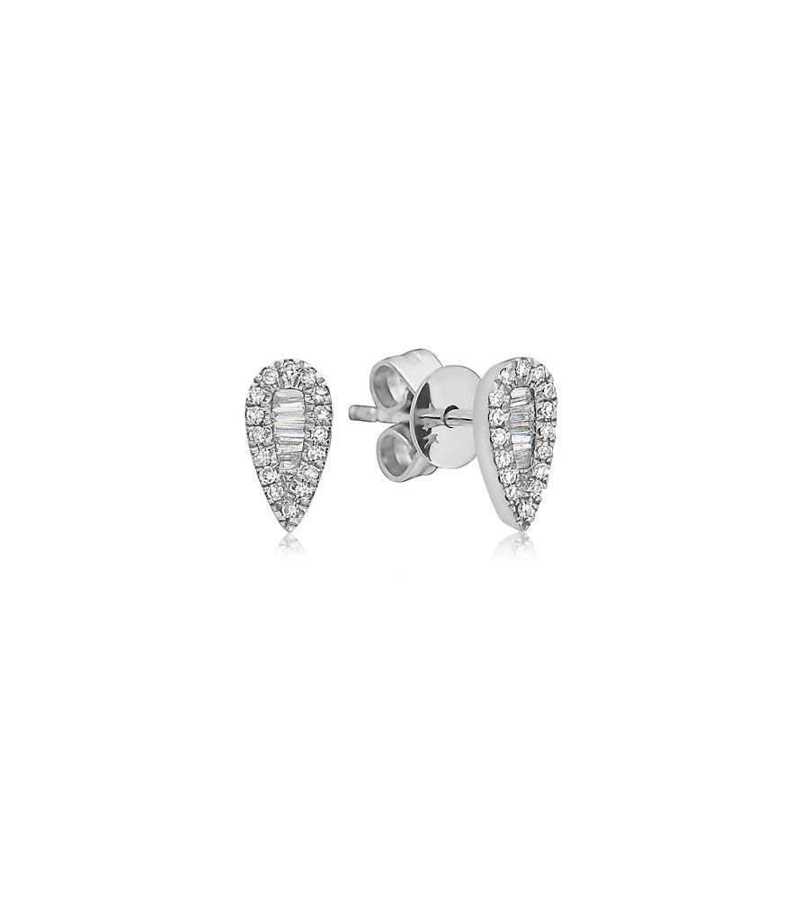 Diamond Baguette and Halo Pear Stud Earring - 14K White Gold - Olive & Chain Fine Jewelry