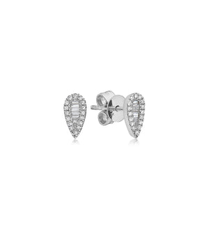 Diamond Baguette and Halo Pear Stud Earring - 14K White Gold - Olive & Chain Fine Jewelry