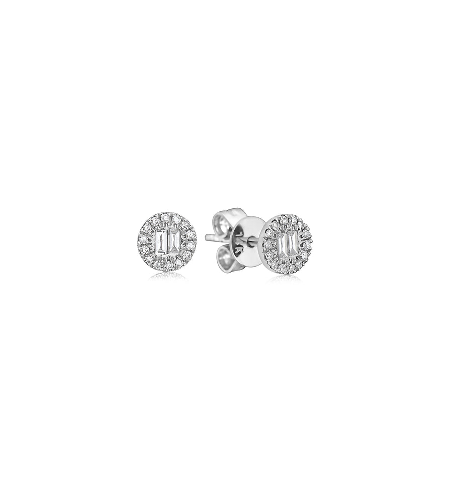 Diamond Baguette and Halo Round Stud Earrings - 14K White Gold - OLIVE & CHAIN Fine Jewelry