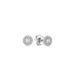 Diamond Baguette and Halo Round Stud Earrings - 14K White Gold - OLIVE & CHAIN Fine Jewelry