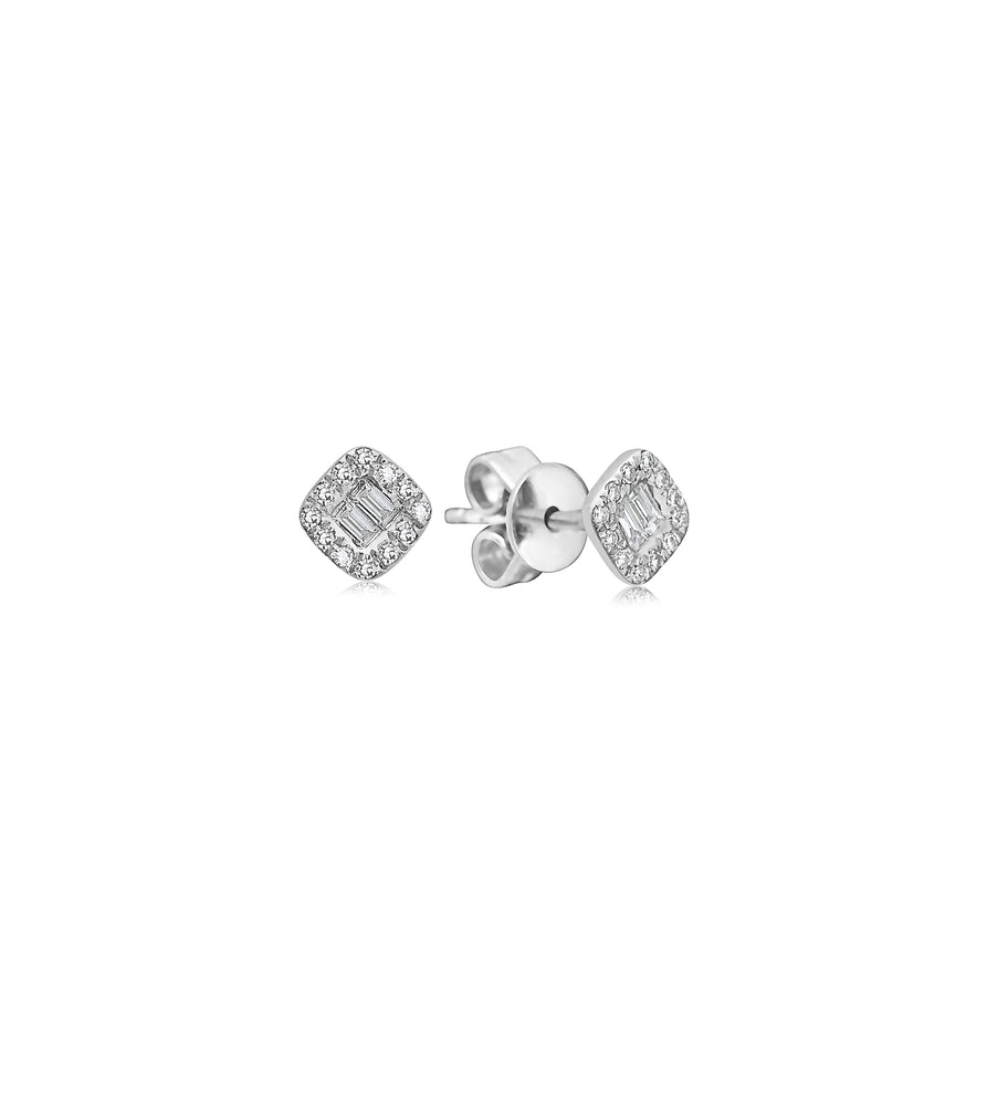 Diamond Baguette and Halo Square Stud Earring - 14K White Gold - Olive & Chain Fine Jewelry