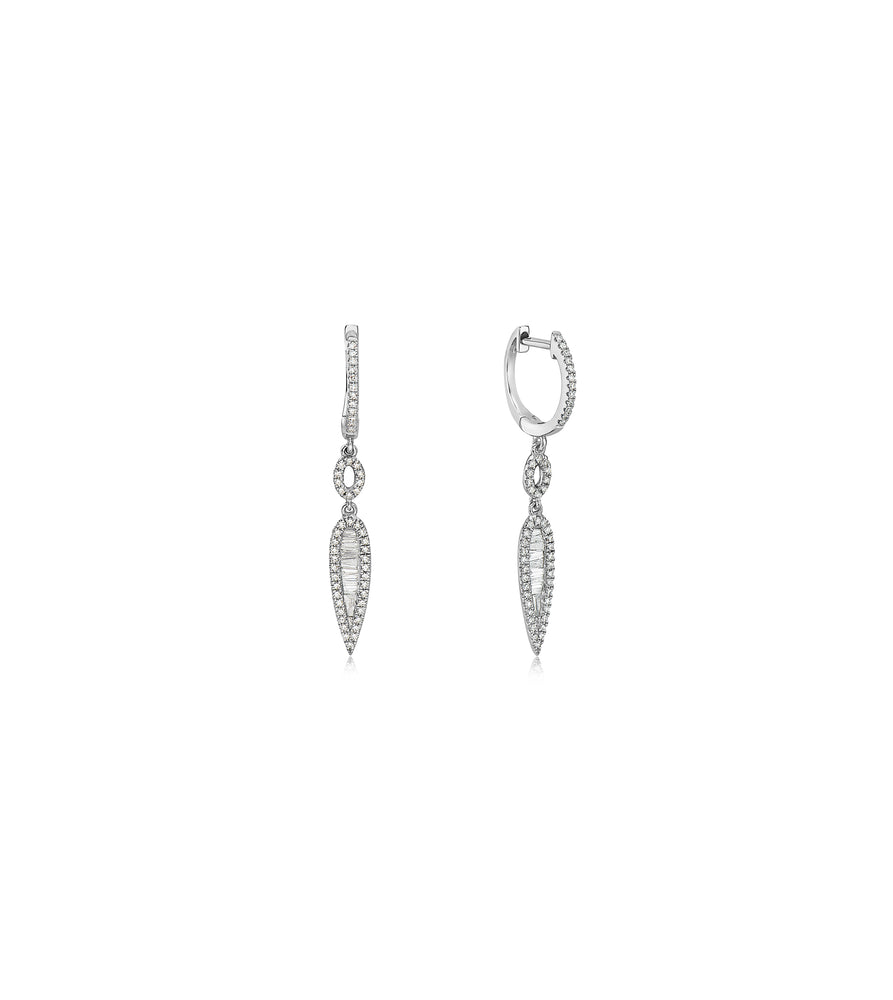 Diamond Baguette & Halo Drop Earring - 14K White Gold - Olive & Chain Fine Jewelry