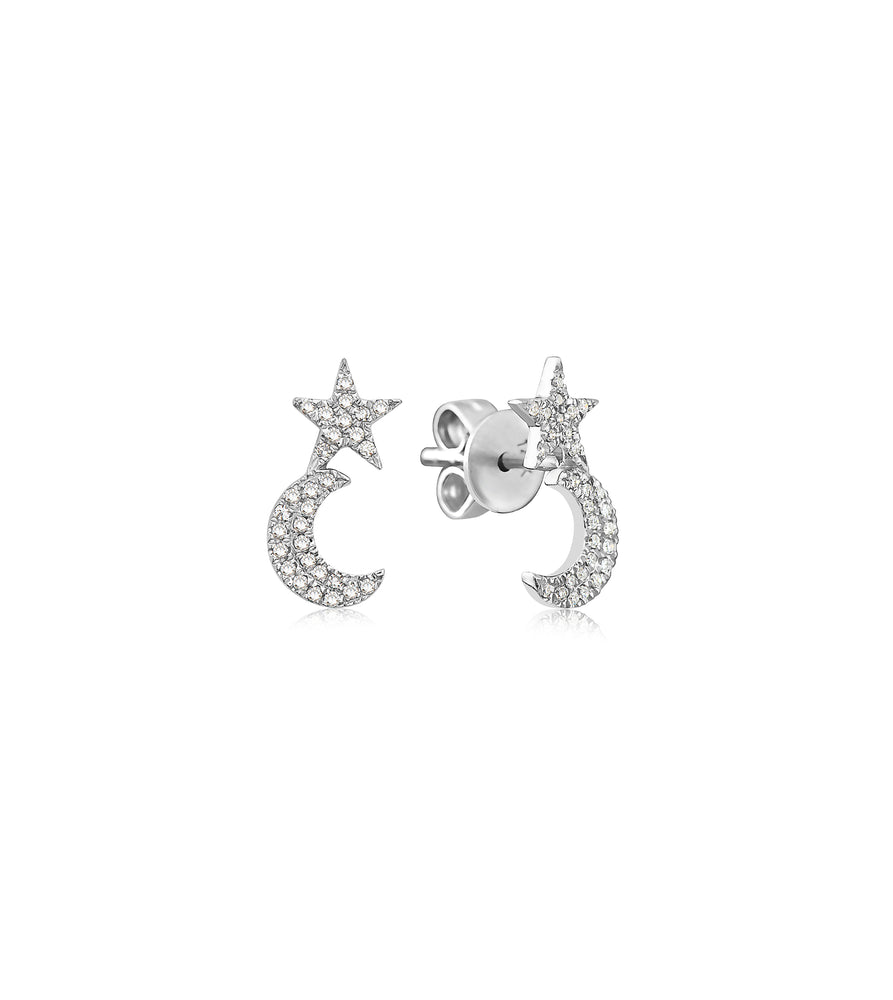 Diamond Star Moon Stud Earring - 14K White Gold - Olive & Chain Fine Jewelry