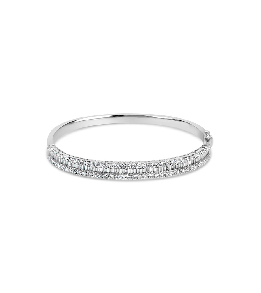 Diamond Baguette & Round Bangle - 14K White Gold / 7 inch - Olive & Chain Fine Jewelry