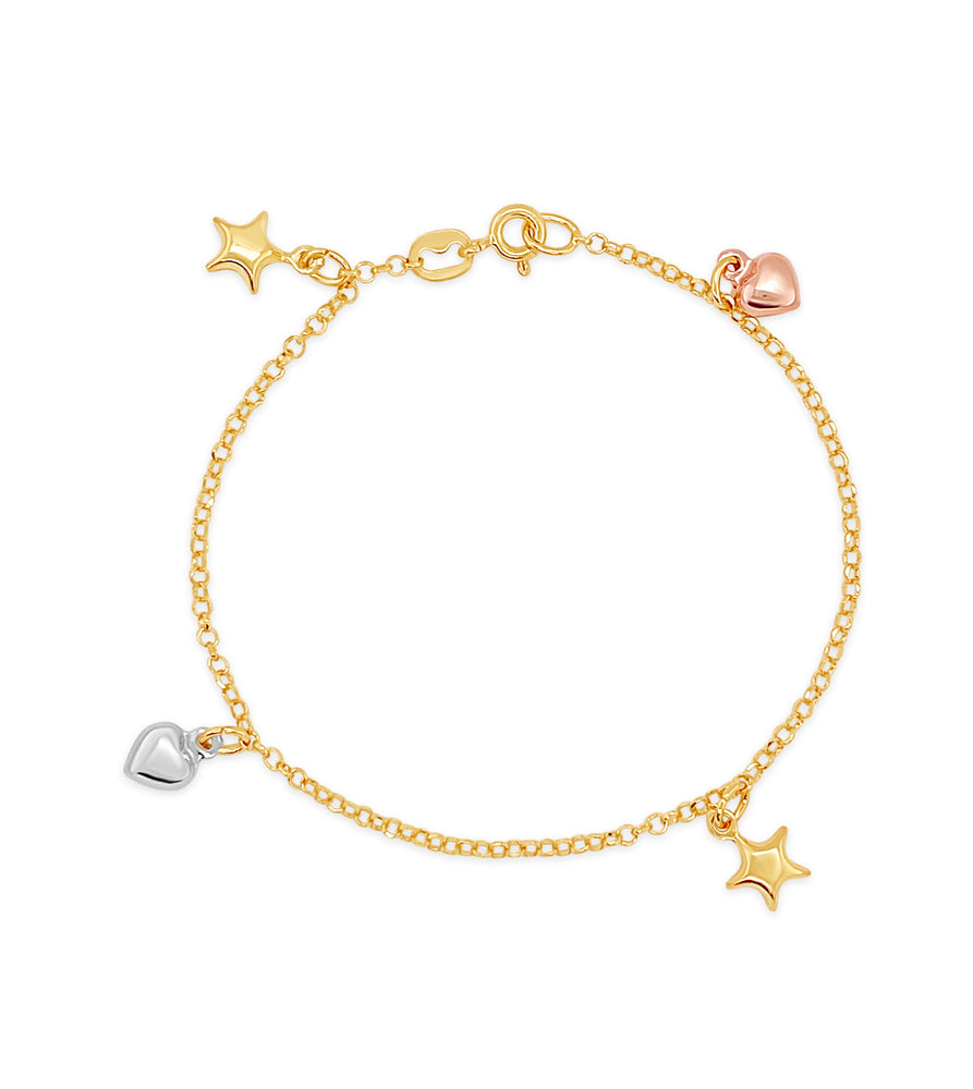 14k Tri Color Gold Heart & Star Charm Bracelet - 14K Two-Tone Gold / Heart & Star - OLIVE & CHAIN Fine Jewelry