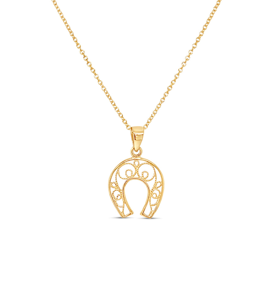 14k Gold Horseshoe Filigree Charm Pendant Necklace - 14K - OLIVE & CHAIN Fine Jewelry