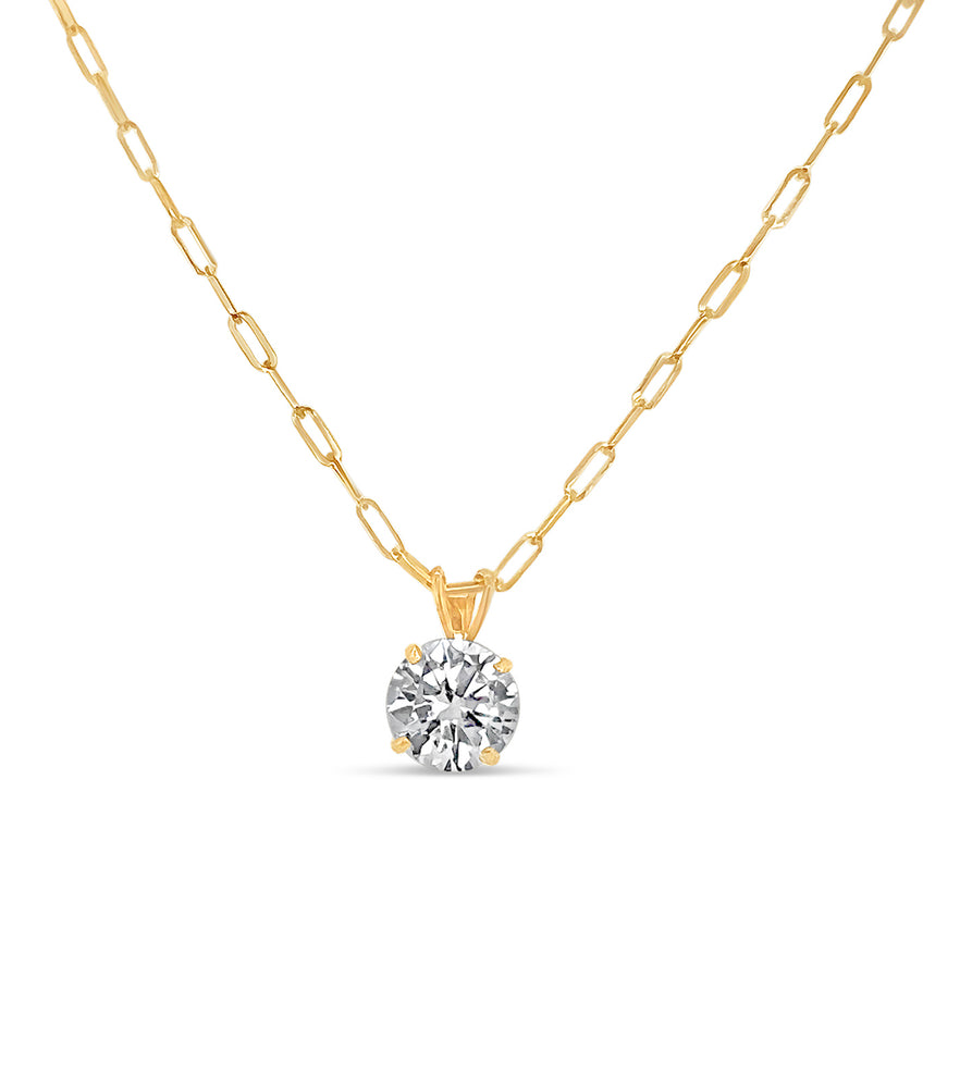 14k Gold Solitaire Round Simulated Diamond Necklace - 14K  - Olive & Chain Fine Jewelry