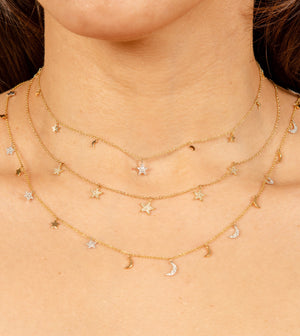 Diamond Star & Moon Charm Necklace - 14K - OLIVE & CHAIN Fine Jewelry
