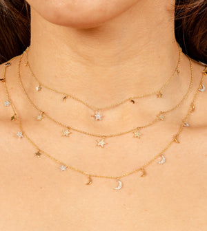 Diamond Star & Moon Charm Necklace - 14K  - Olive & Chain Fine Jewelry
