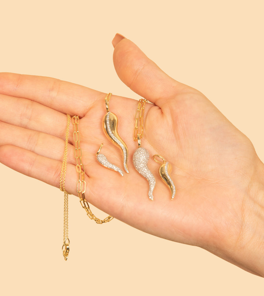 Diamond Italian Horn Cornicello Necklace - 14K  - Olive & Chain Fine Jewelry