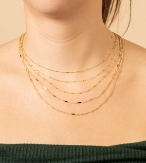14k Two Tone Gold Dainty Bead & Bar Chain Necklace - 14K  - Olive & Chain Fine Jewelry