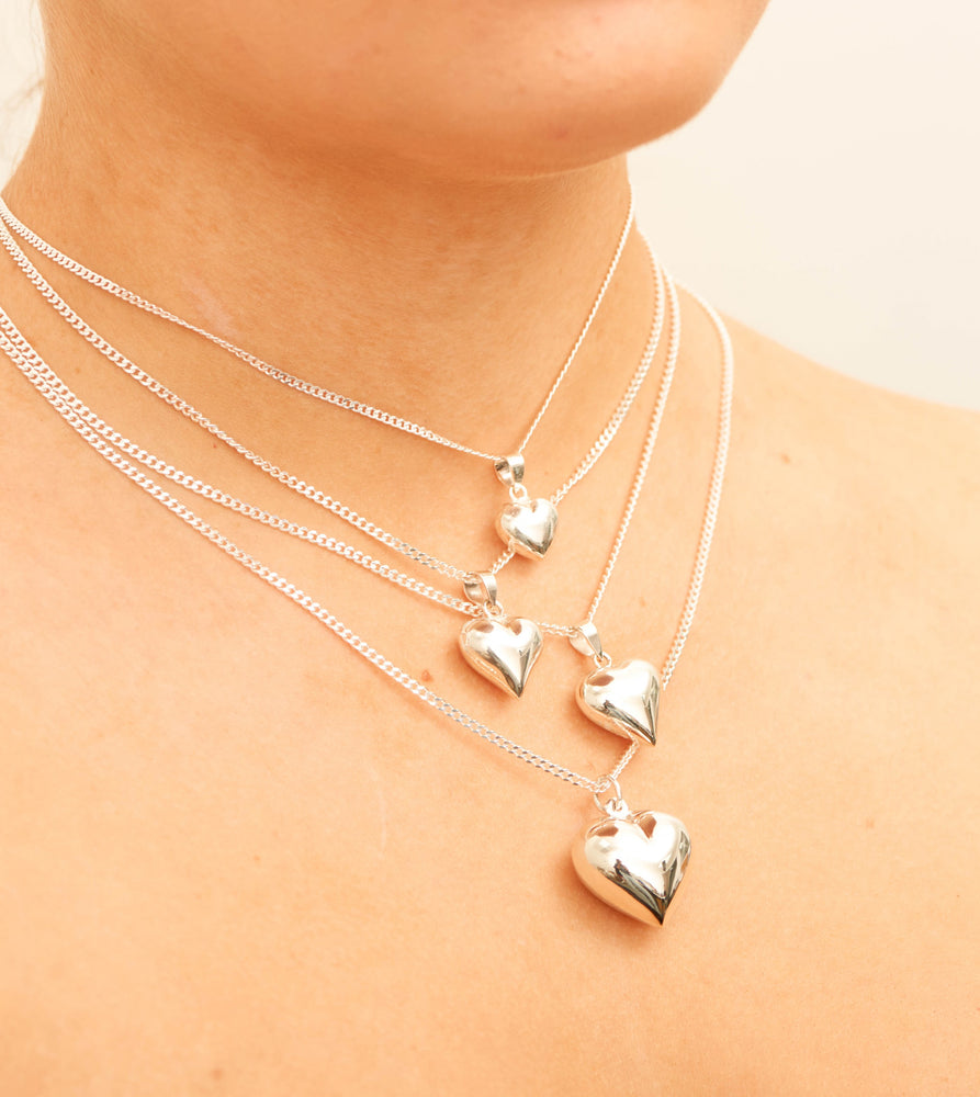 Silver Puffed Heart Charm Necklace - 14K  - Olive & Chain Fine Jewelry