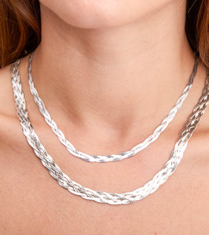 Silver Braided Herringbone Chain Necklace - 14K  - Olive & Chain Fine Jewelry