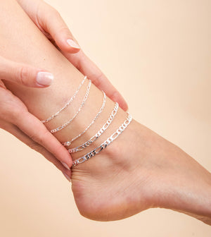 Silver Figaro Link Chain Anklet - 14K  - Olive & Chain Fine Jewelry