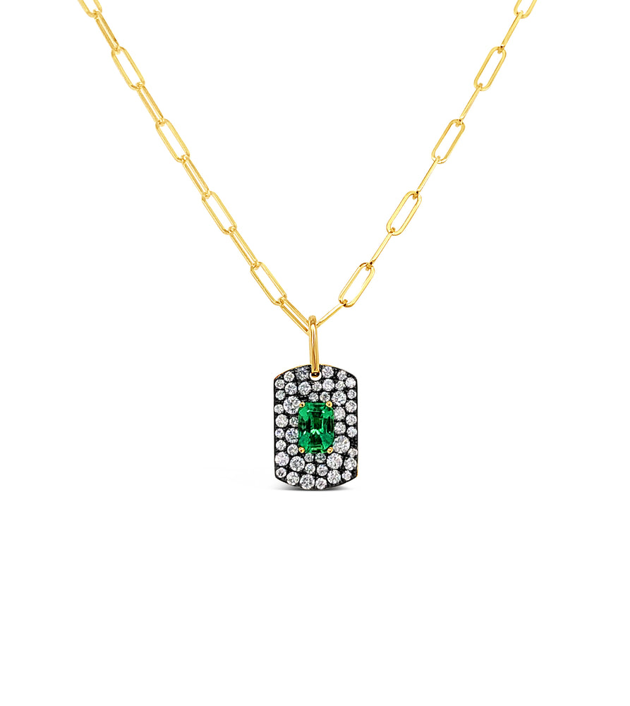 Emerald & Diamond Dog Tag Necklace - 14K Yellow Gold - Olive & Chain Fine Jewelry