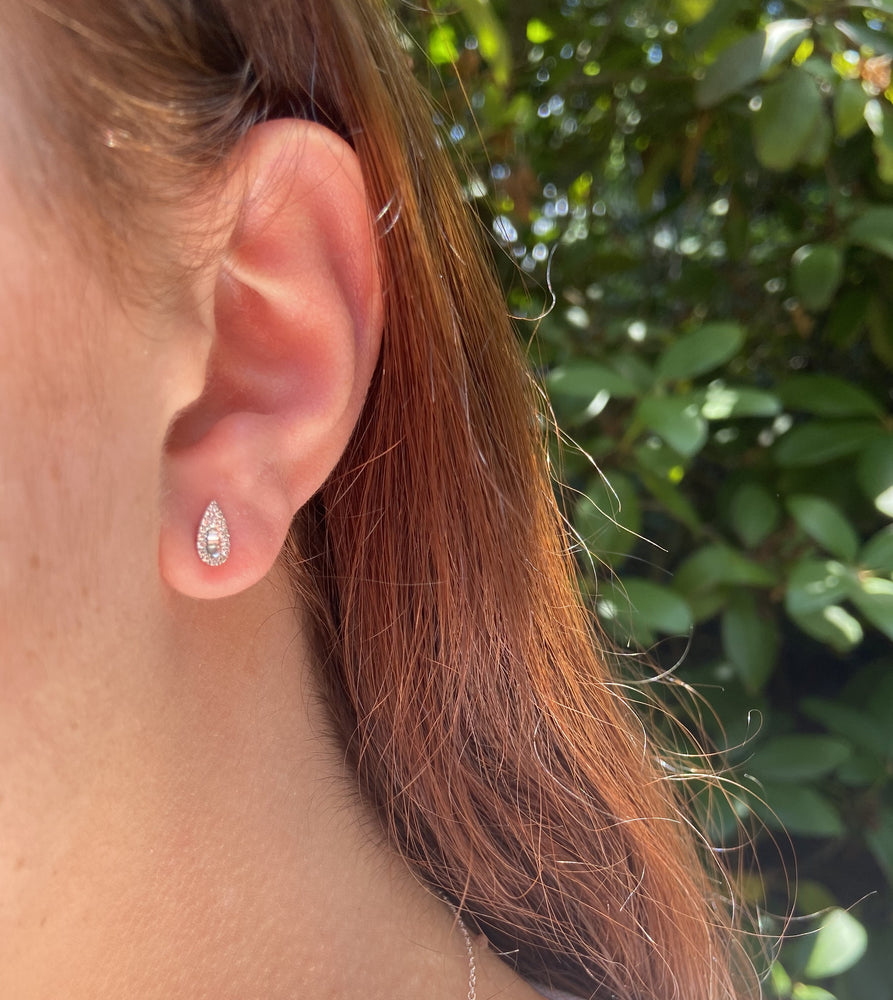 Diamond Baguette and Halo Pear Stud Earring - 14K  - Olive & Chain Fine Jewelry